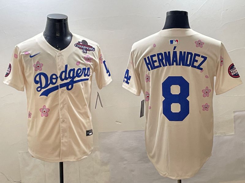 Men Los Angeles Dodgers #8 Hernandez Cream Sakura Edition 2025 Nike MLB Jersey style 2
